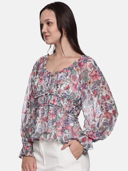 IS.U Multicolor Smocked Poet Sleeve Top