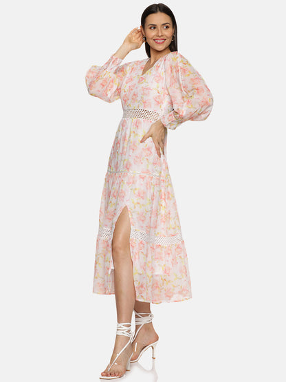 IS.U Floral White Front Slit Midaxi Dress