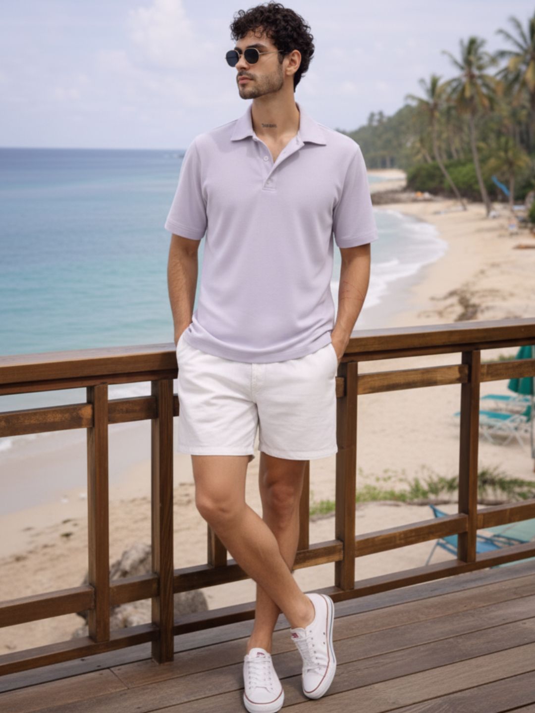 Men Solid Light Purple Cotton Polo Collar Half Sleeve Regular Fit T-Shirt
