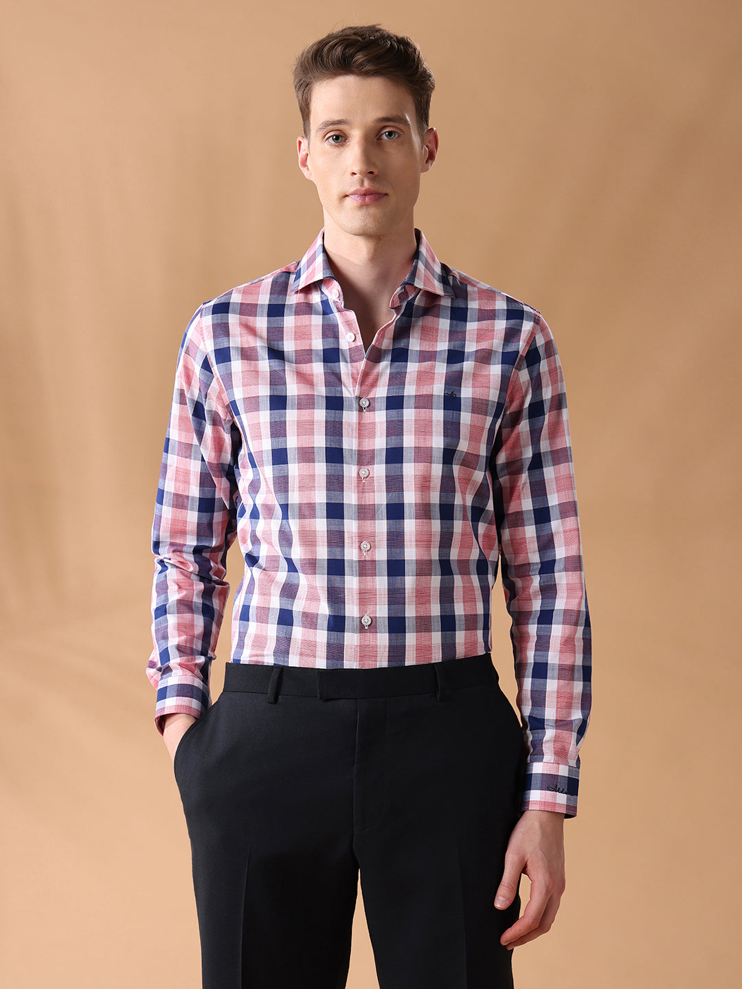 Pink Slim Fit Checked Formal Shirt for Men (CELEB)