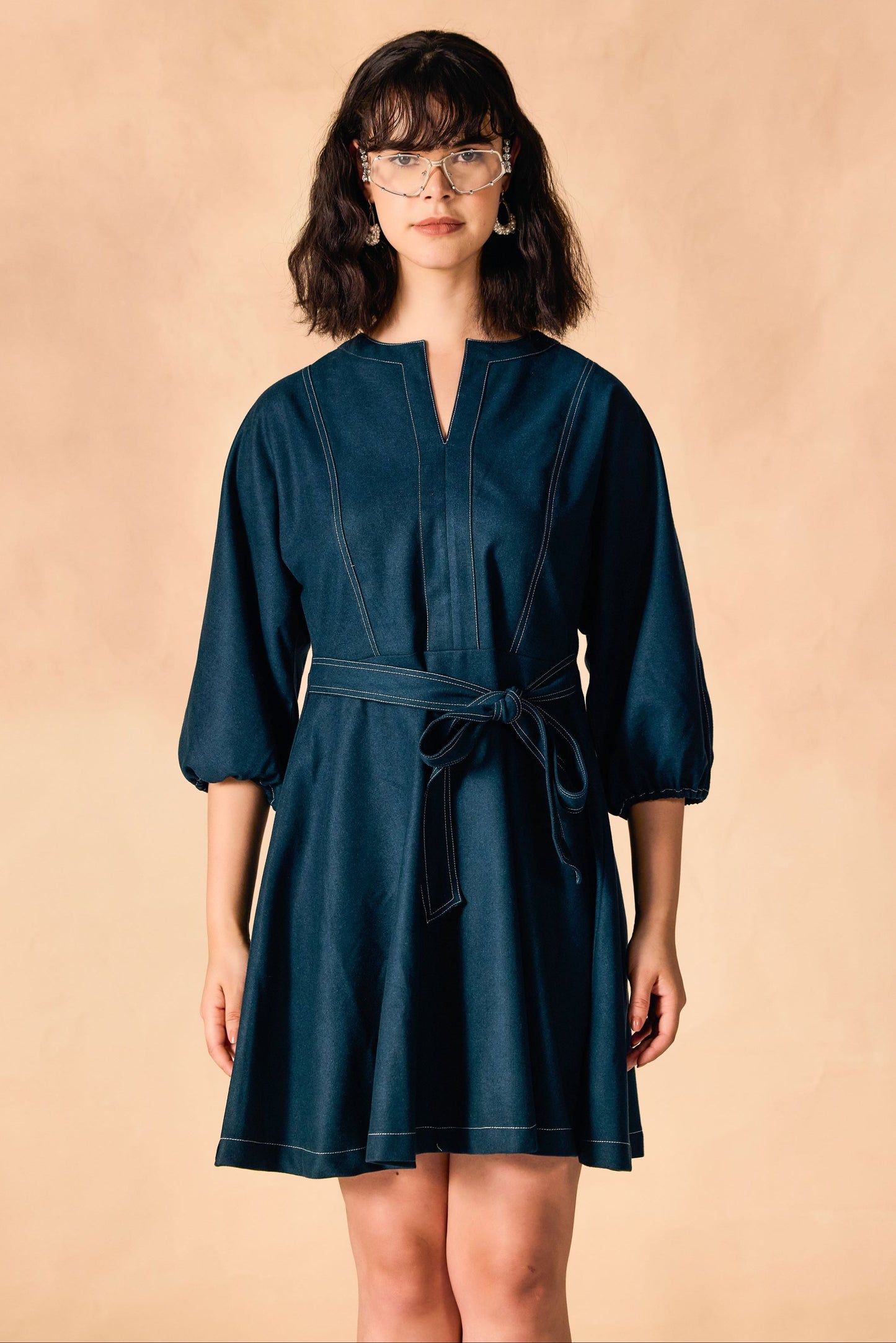 Contrast Stitch Tie Waist Fit & Flare Dress
