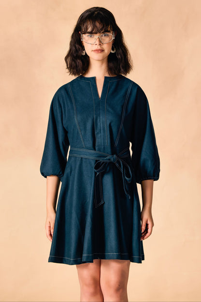 Contrast Stitch Tie Waist Fit & Flare Dress