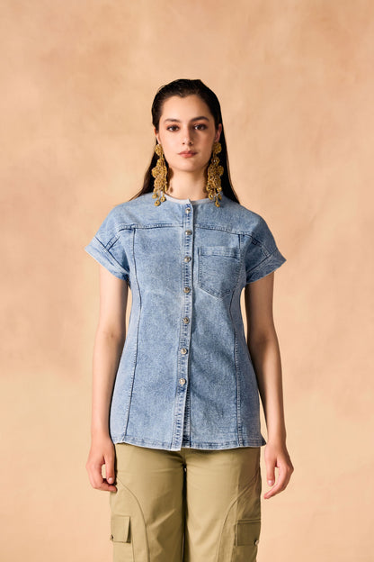 Button-Up Stone Washed Denim Shirt
