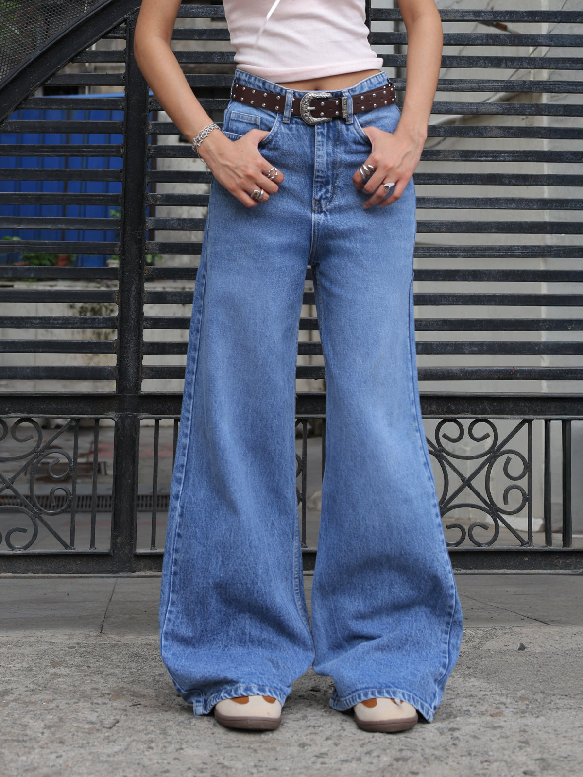 Soft Mist Blue Washed Super Wide Leg Jeans