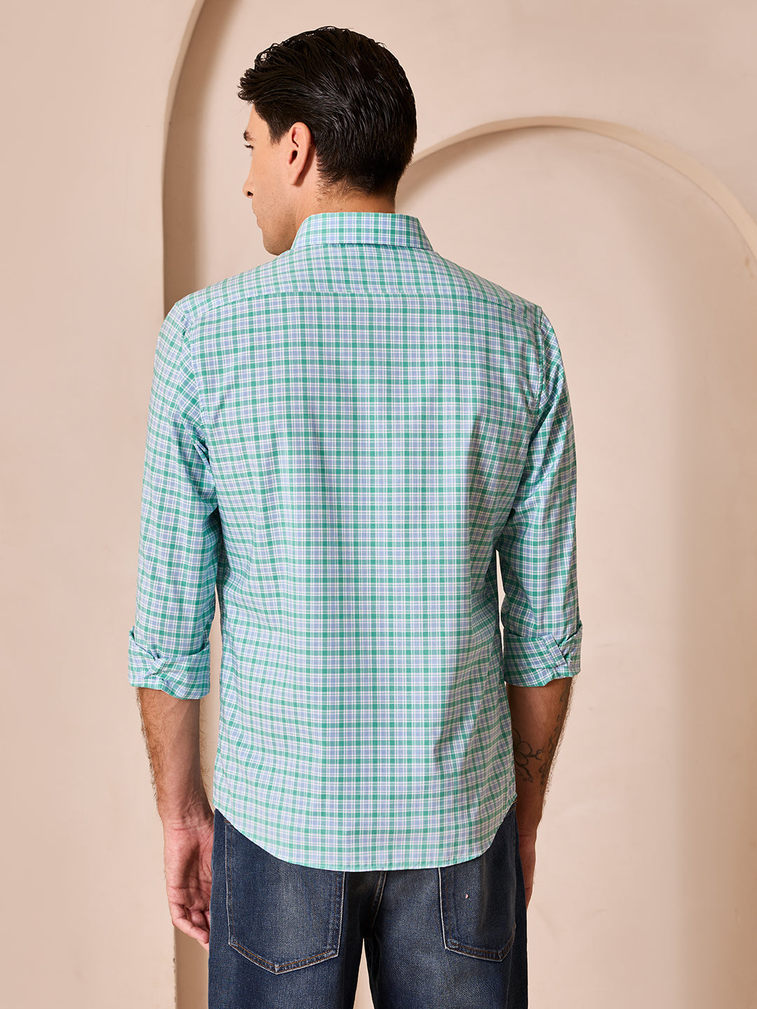 Green-Blue Regular Fit Checks Casual Shirt for Men (CALMA)