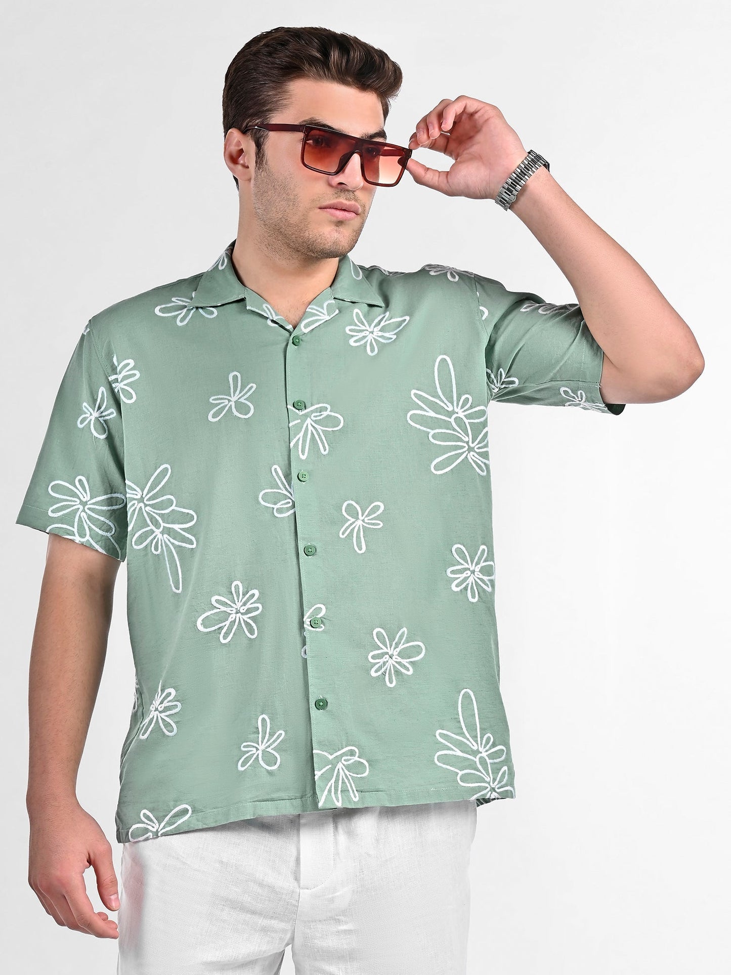 Men's Box-Fit Floral Embroidered Linen Lust Sage Shirt