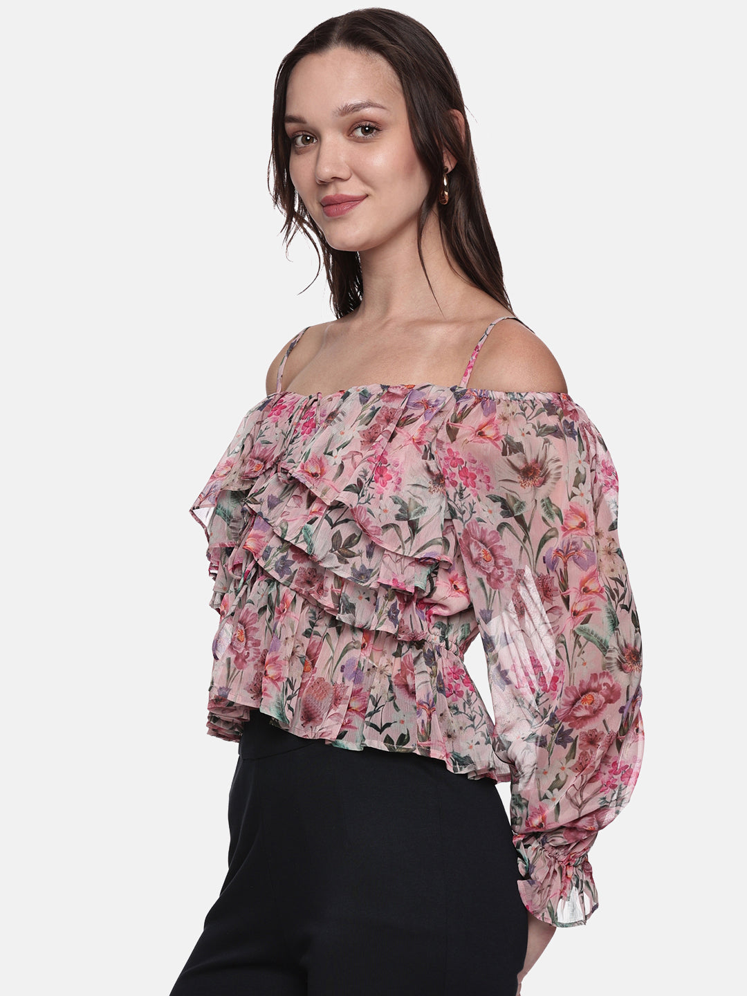 IS.U Floral Multicolor Gathered Cold Shoulder Top