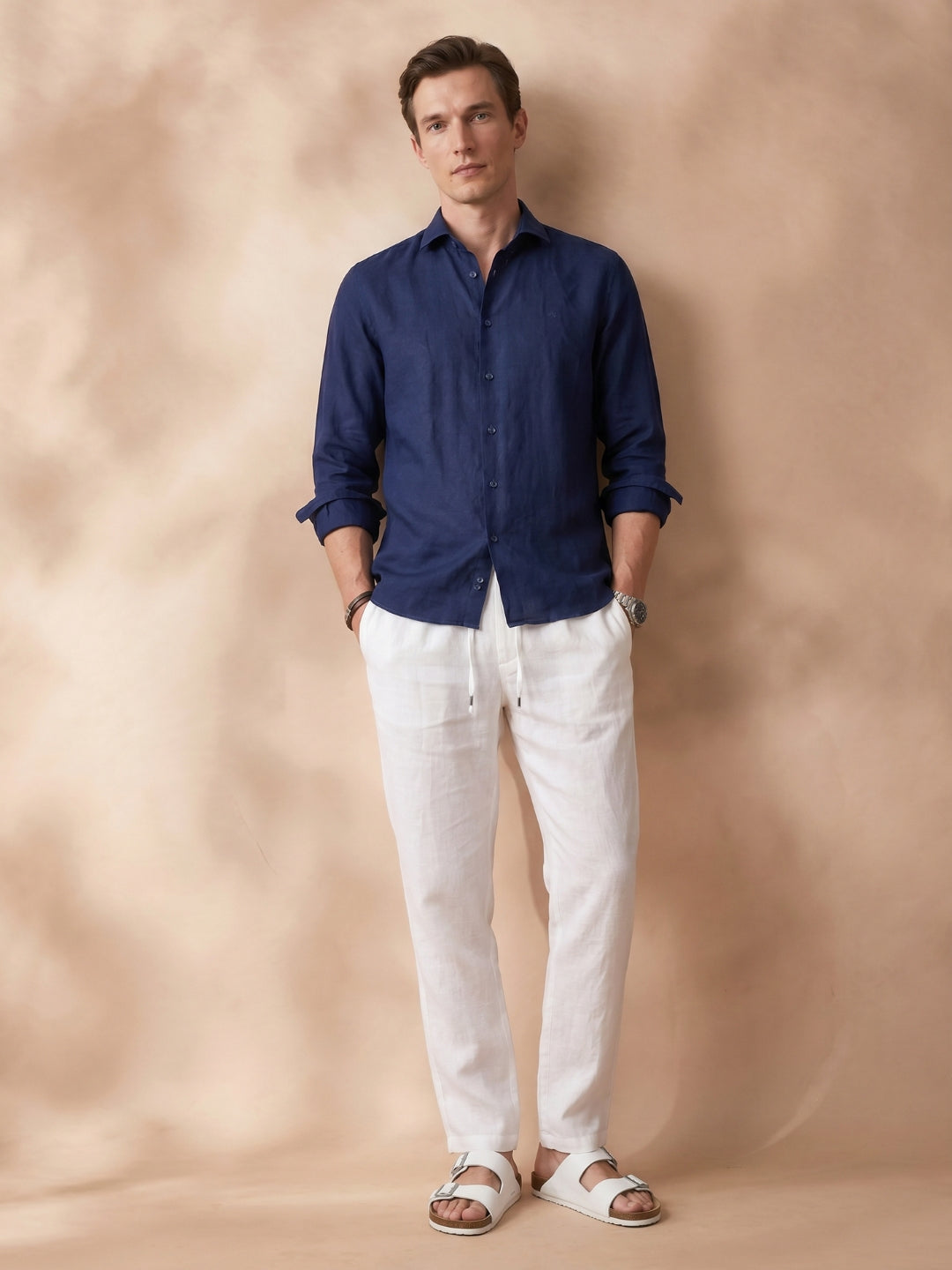 Slim Fit Linen Navy Blue Casual Shirt for Men (JANVO)