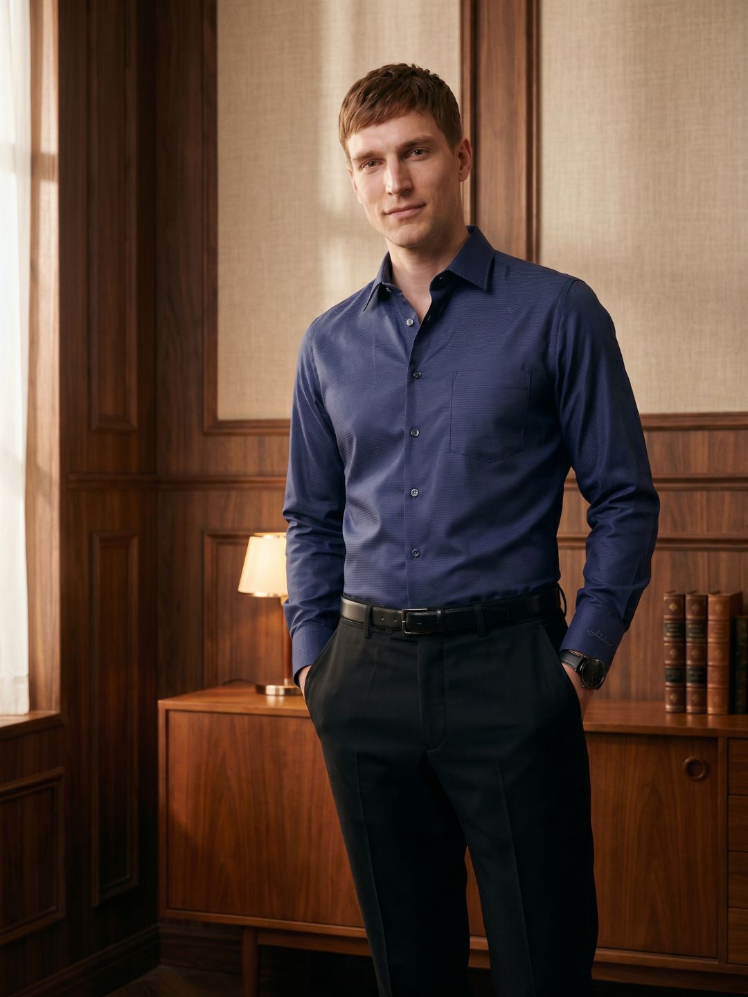 Regular Fit Cotton Navy Blue Formal Shirt for Men (FUSED)