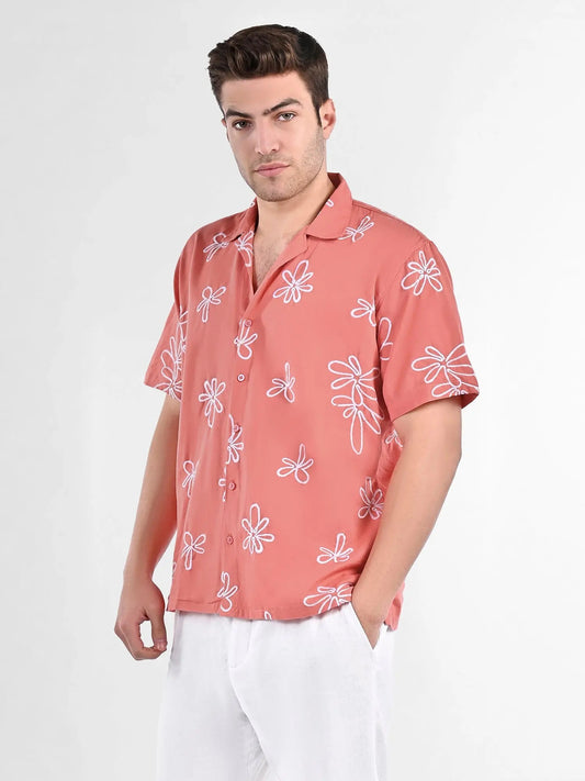 Men's Box-Fit Floral Embroidered Linen Coral Shirt Vellure