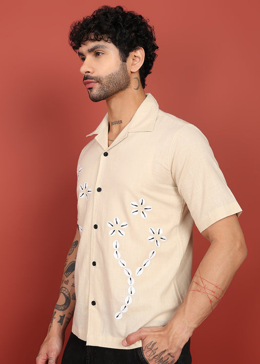 Men's Beige Linen Embroidered Resort Shirt