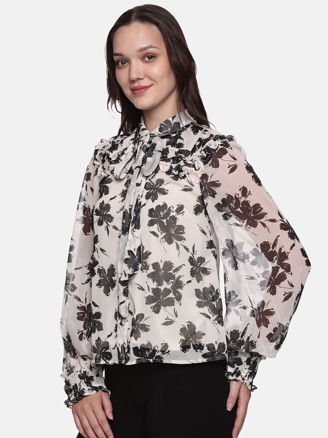 IS.U Floral Off-White Smocked Sleeve Top