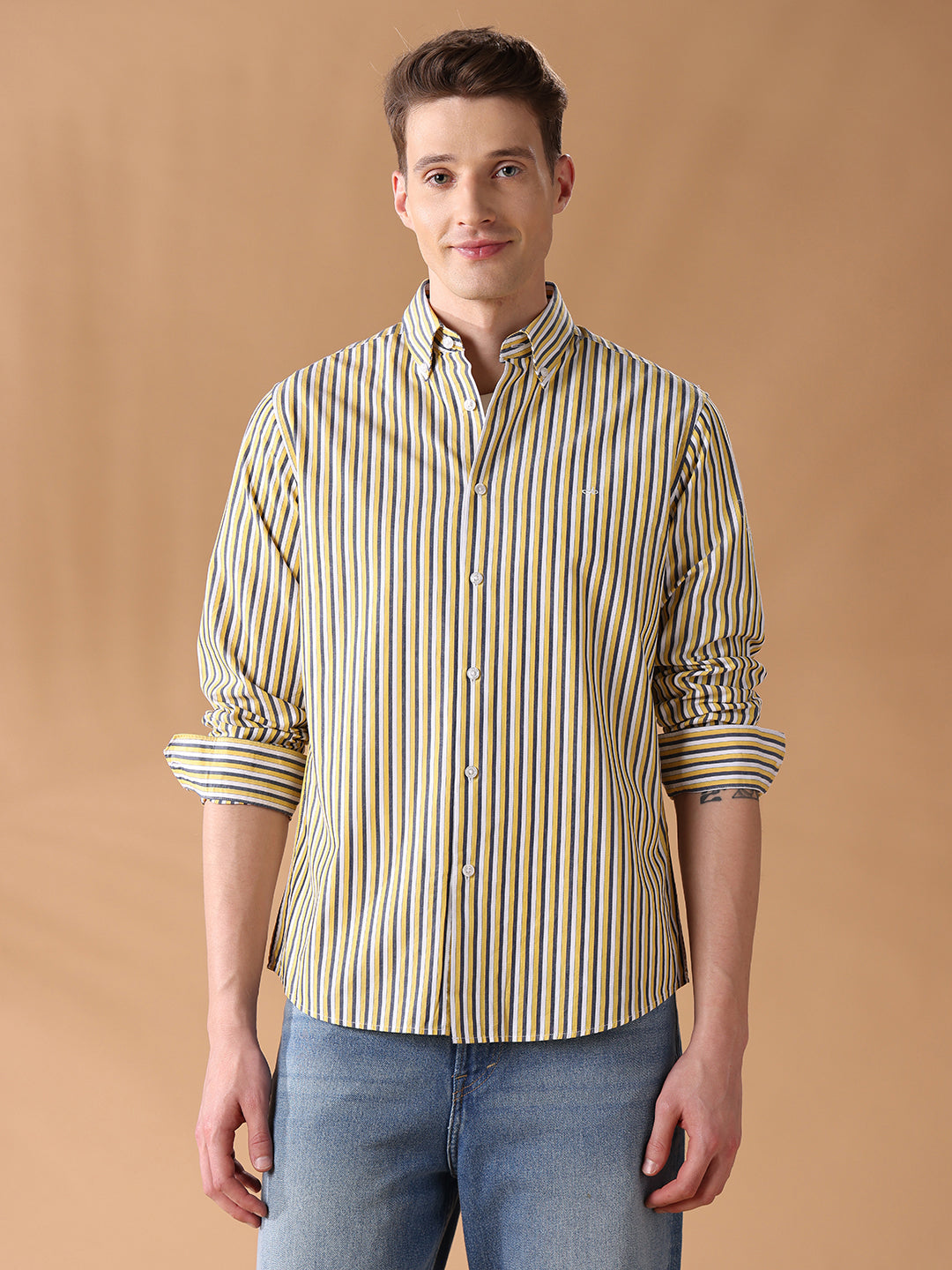Yellow Regular Fit Striped Casual Shirt for Men (DIGEO)