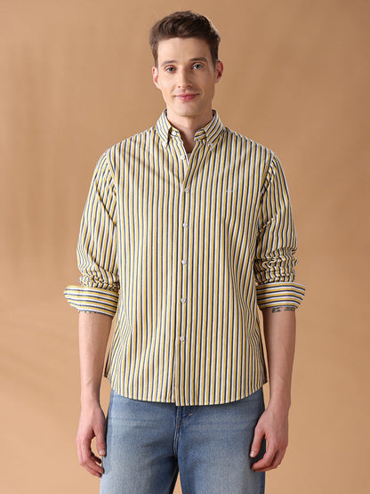 Yellow Regular Fit Striped Casual Shirt for Men (DIGEO)