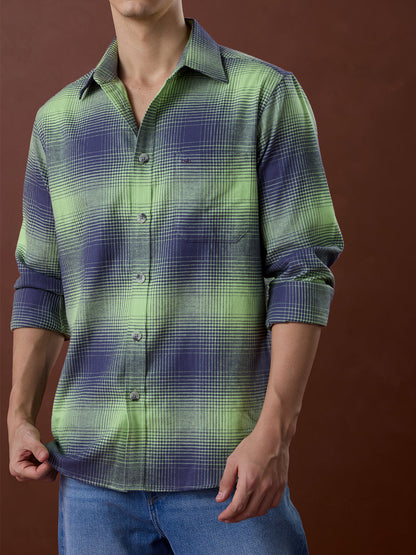 Green Regular Fit Checked Casual Cotton Shirt for Men (LALIN)