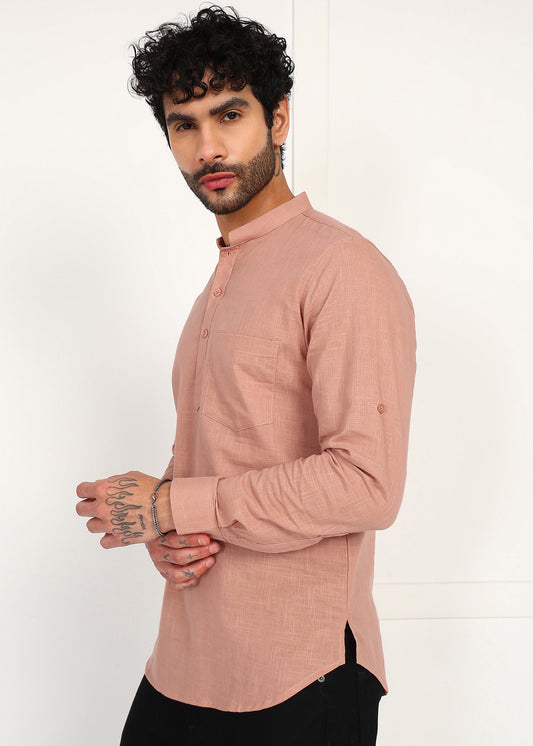 Men's Peach Linen Short Kurta
