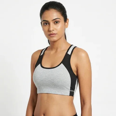 Padded non-wired full coverage sports bra for women in grey melange black