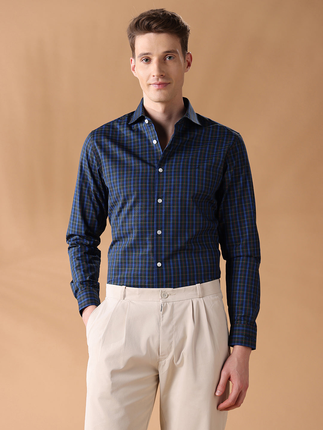 Olive Slim Fit Checked Formal Shirt for Men (CREDI)
