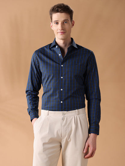 Olive Slim Fit Checked Formal Shirt for Men (CREDI)