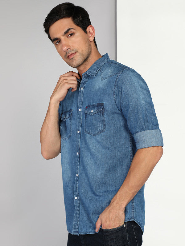 Kuons Avenue Men's Stonewash Blue Denim Casual Shirt