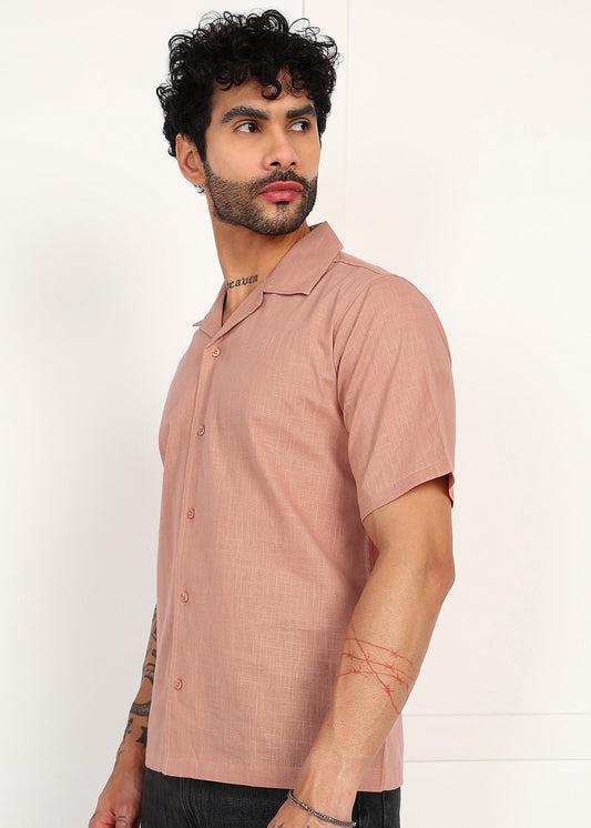 Men's Peach Linen Short-Sleeve Shirt