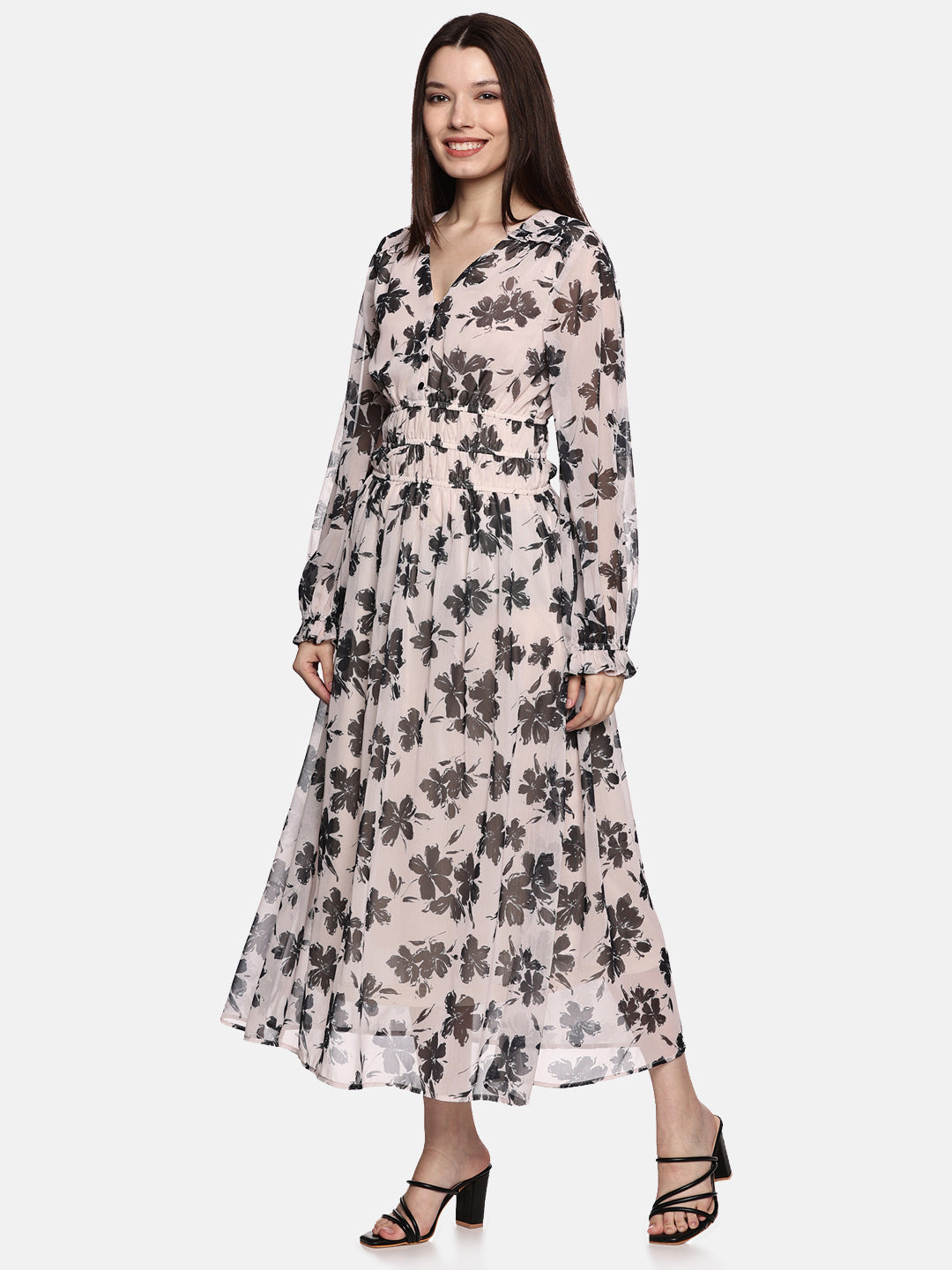  Floral Off-White Blouson Sleeve Dress