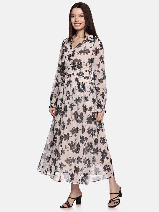  Floral Off-White Blouson Sleeve Dress