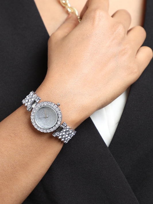 Embellished Round Watch - Silver