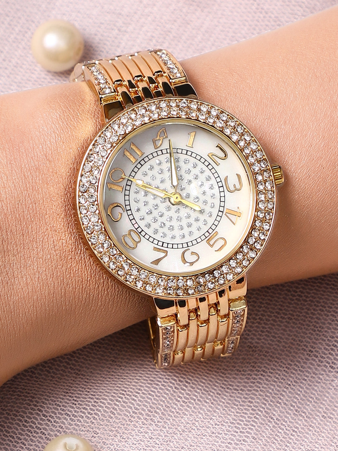 Embellished Round Watch - Gold
