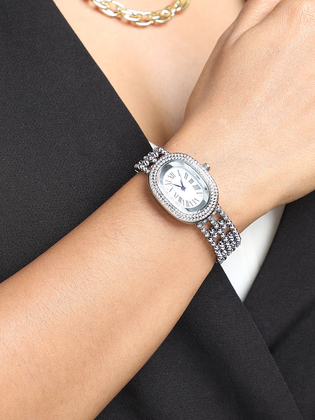 Embellished Oblong Watch - Silver