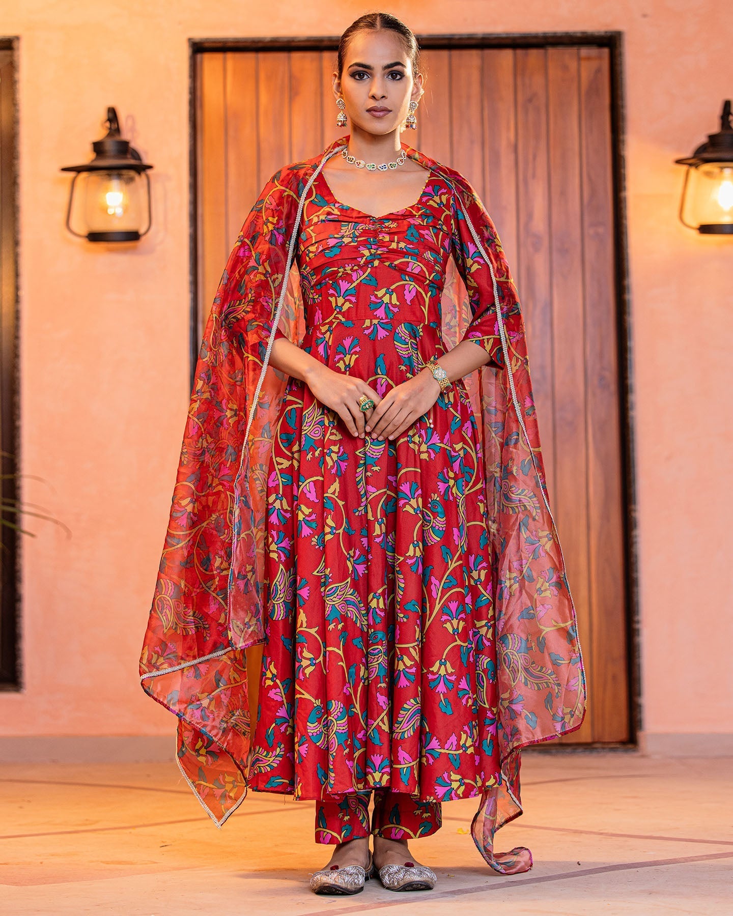 Red Floral Muslin Suit Set