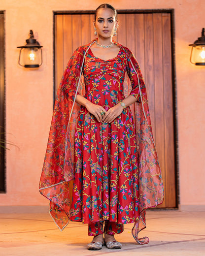 Red Floral Muslin Suit Set