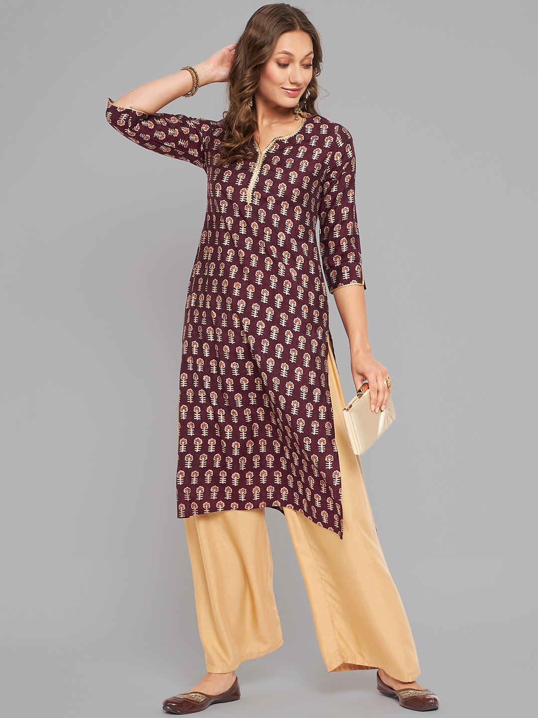 Women Purple Printed Kurta With Lace Krya