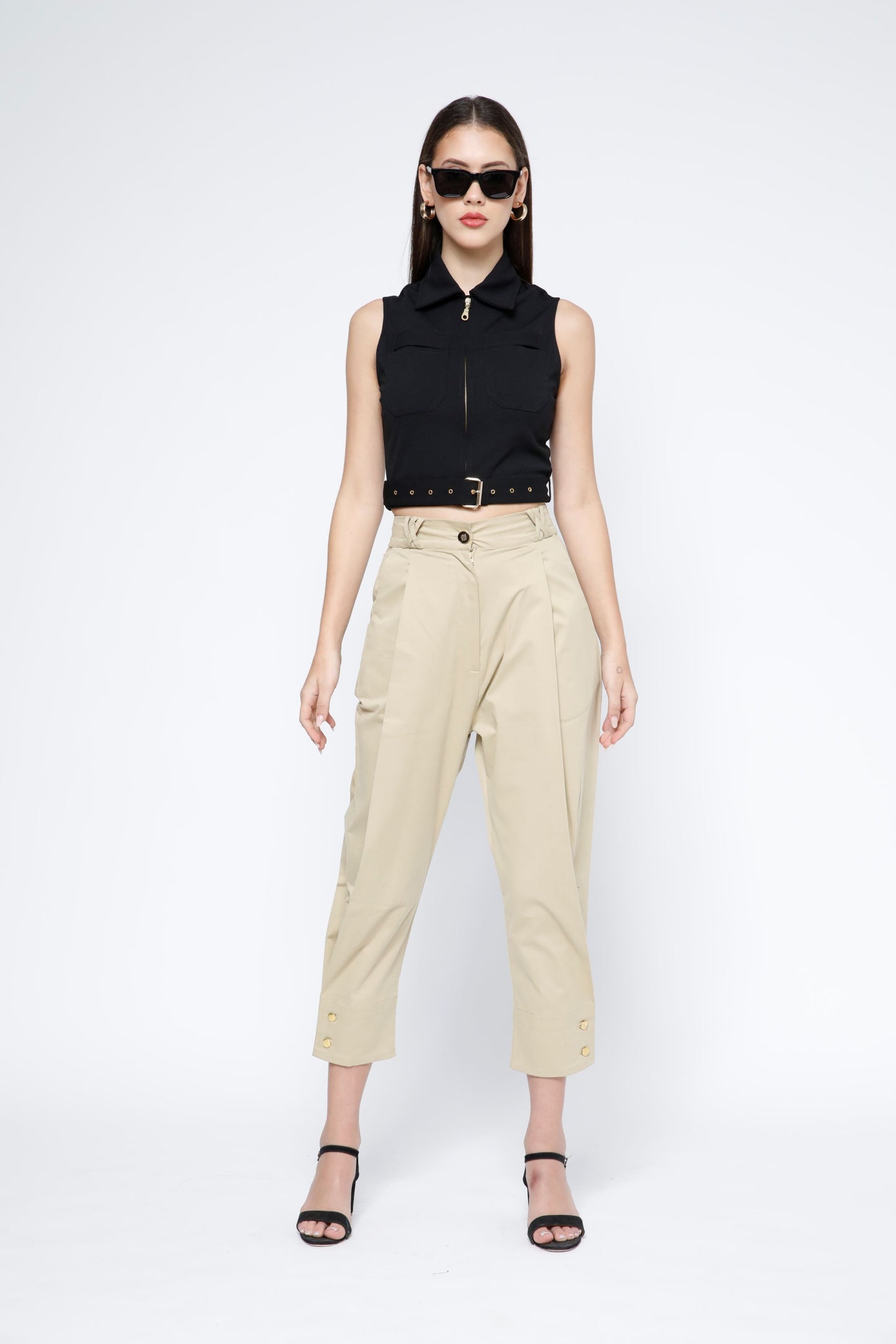 Gold Metal Zip Belted Crop Top -Black Beauty