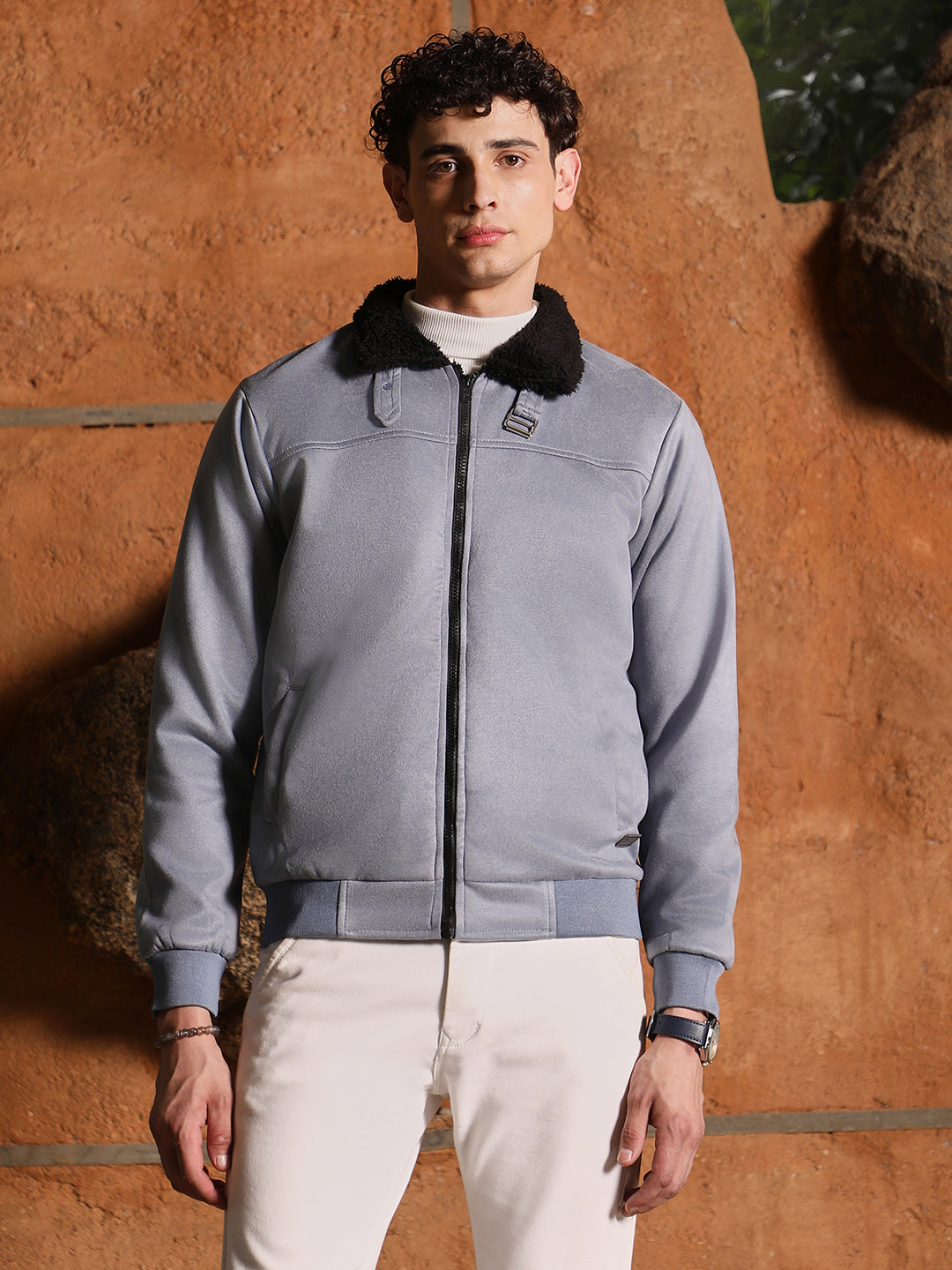 Fur-Lined Suede Bomber Jacket