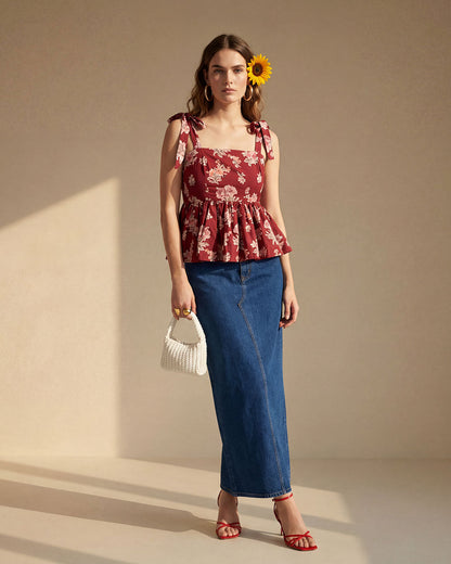 Red Floral Cotton Peplum Top