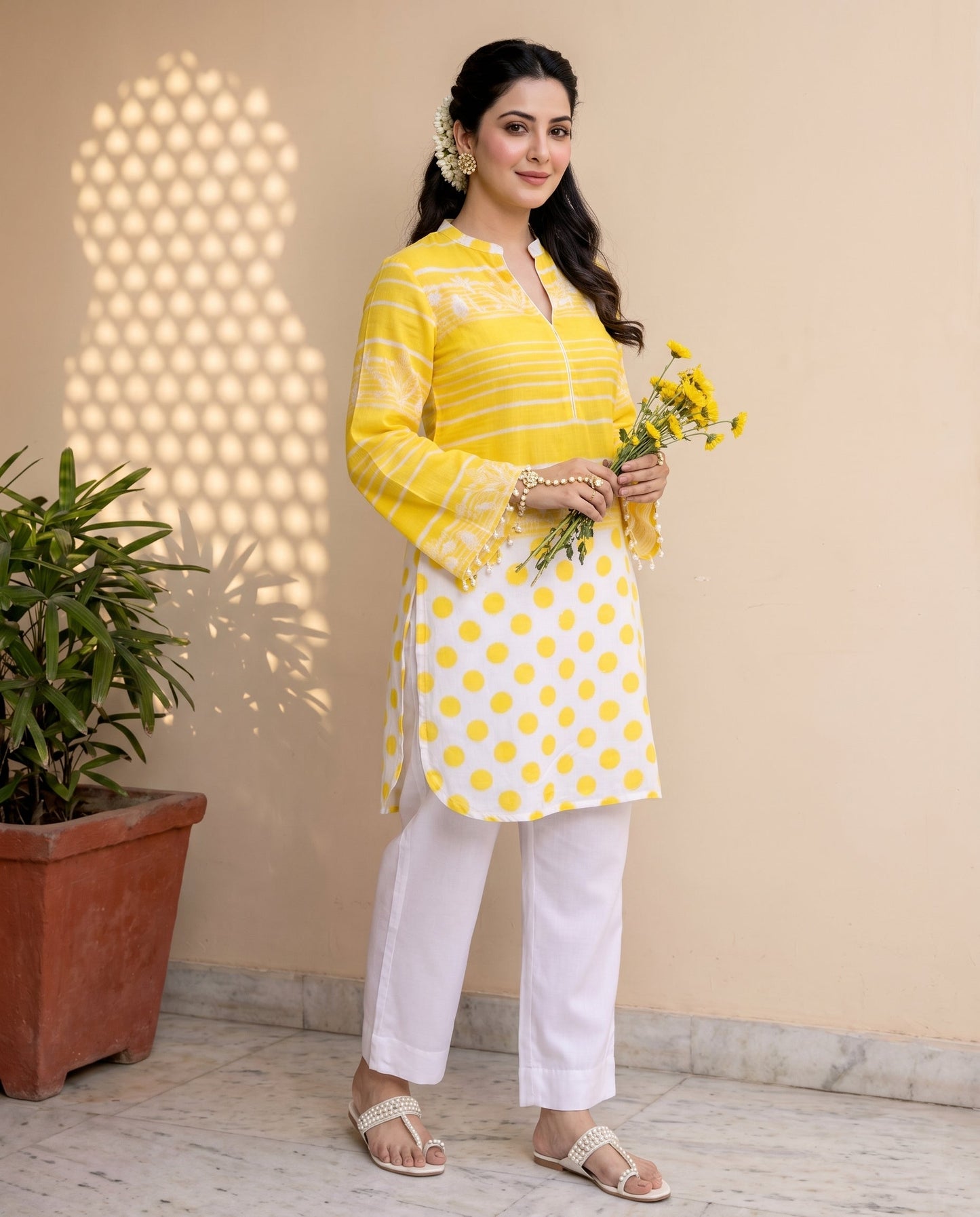 Yellow Stripe & Polka Kurta Set