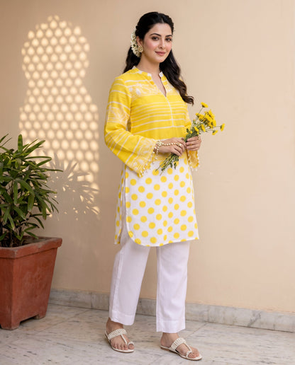 Yellow Stripe & Polka Kurta Set