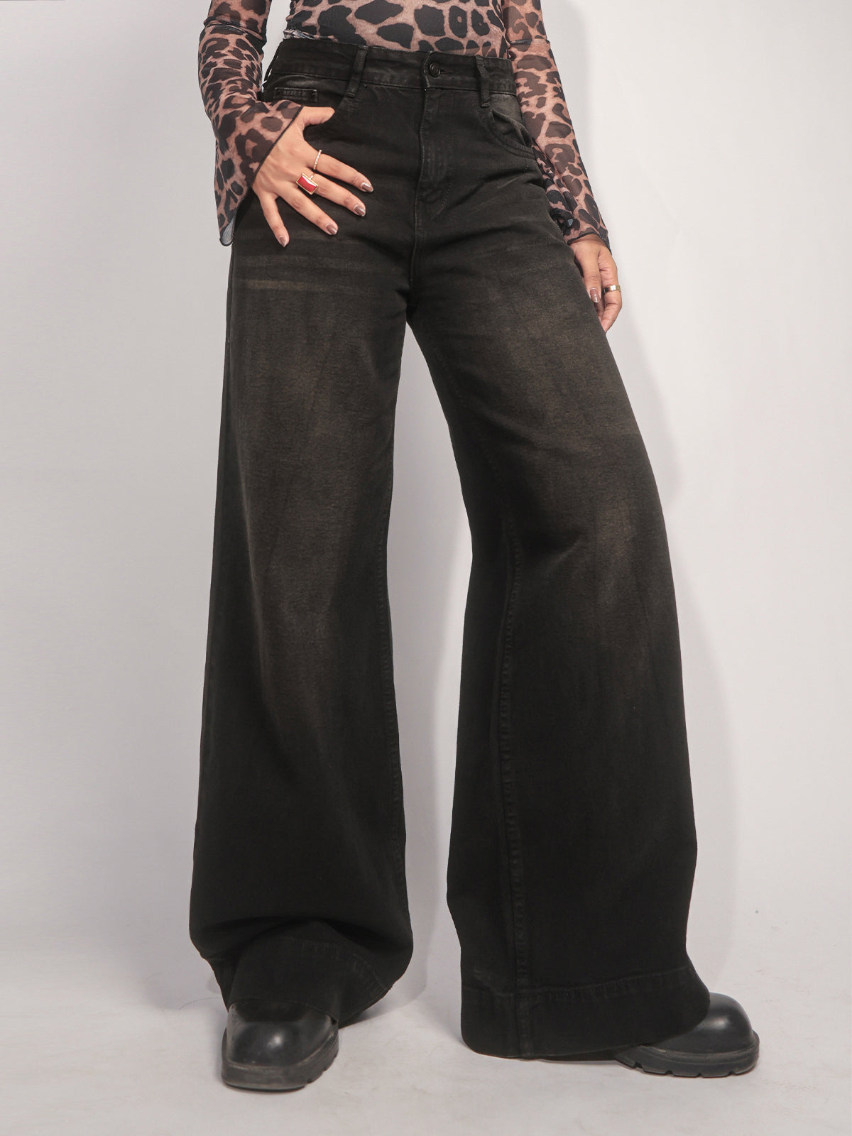 Starry Black Tinted Wide Leg Jeans
