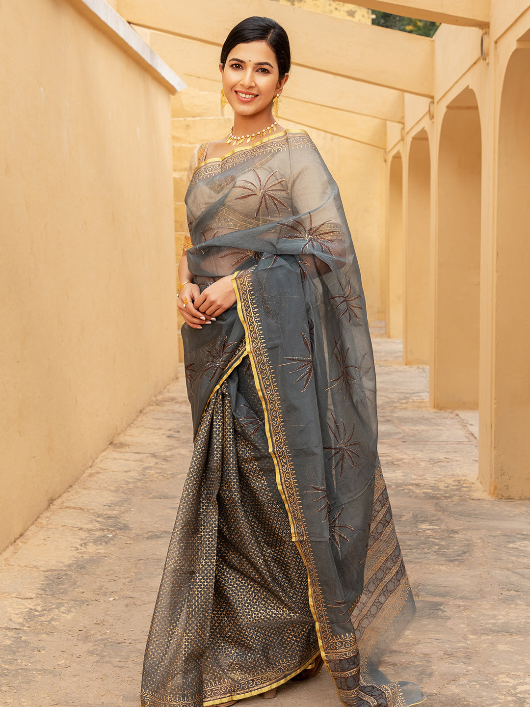 Grey Palm Tree Organza Saree