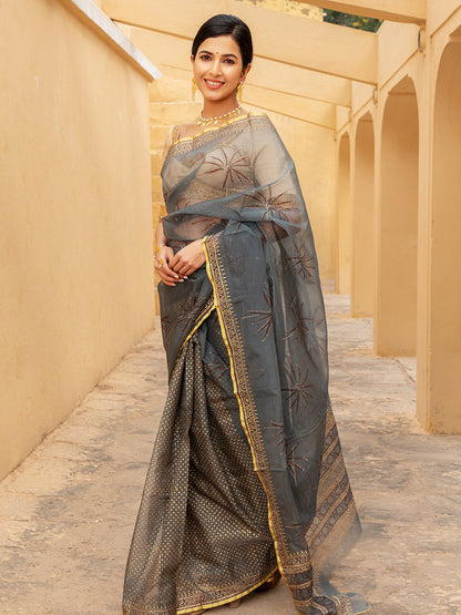 Grey Palm Tree Organza Saree