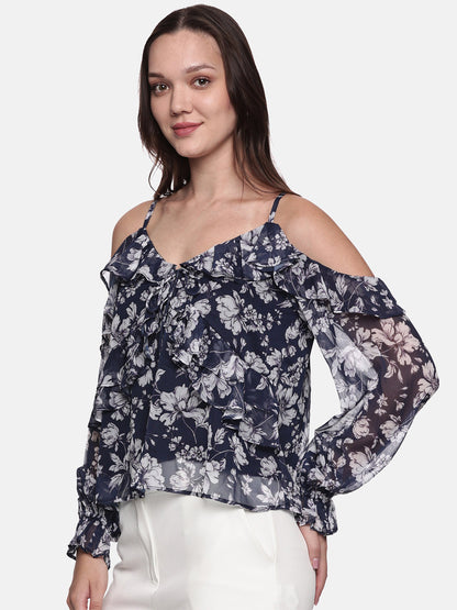 IS.U Floral Blue Cold Shoulder Top