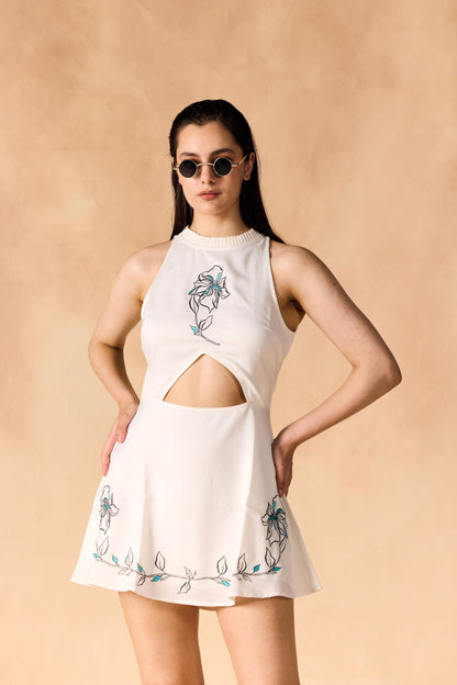 Ruffled Band Collar Embroidered Short Dress