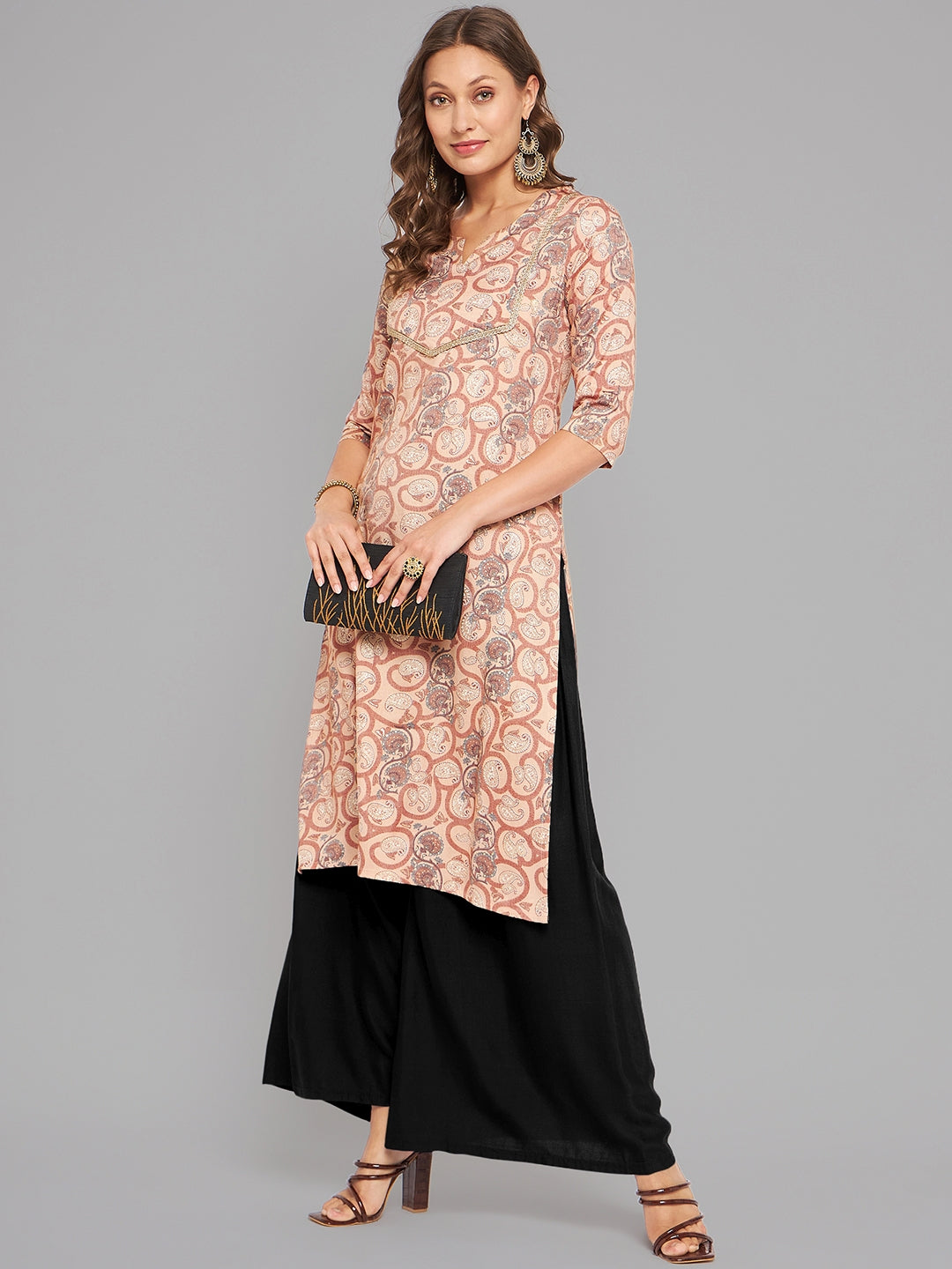 Women Brown Printed Straight Kurta Krya