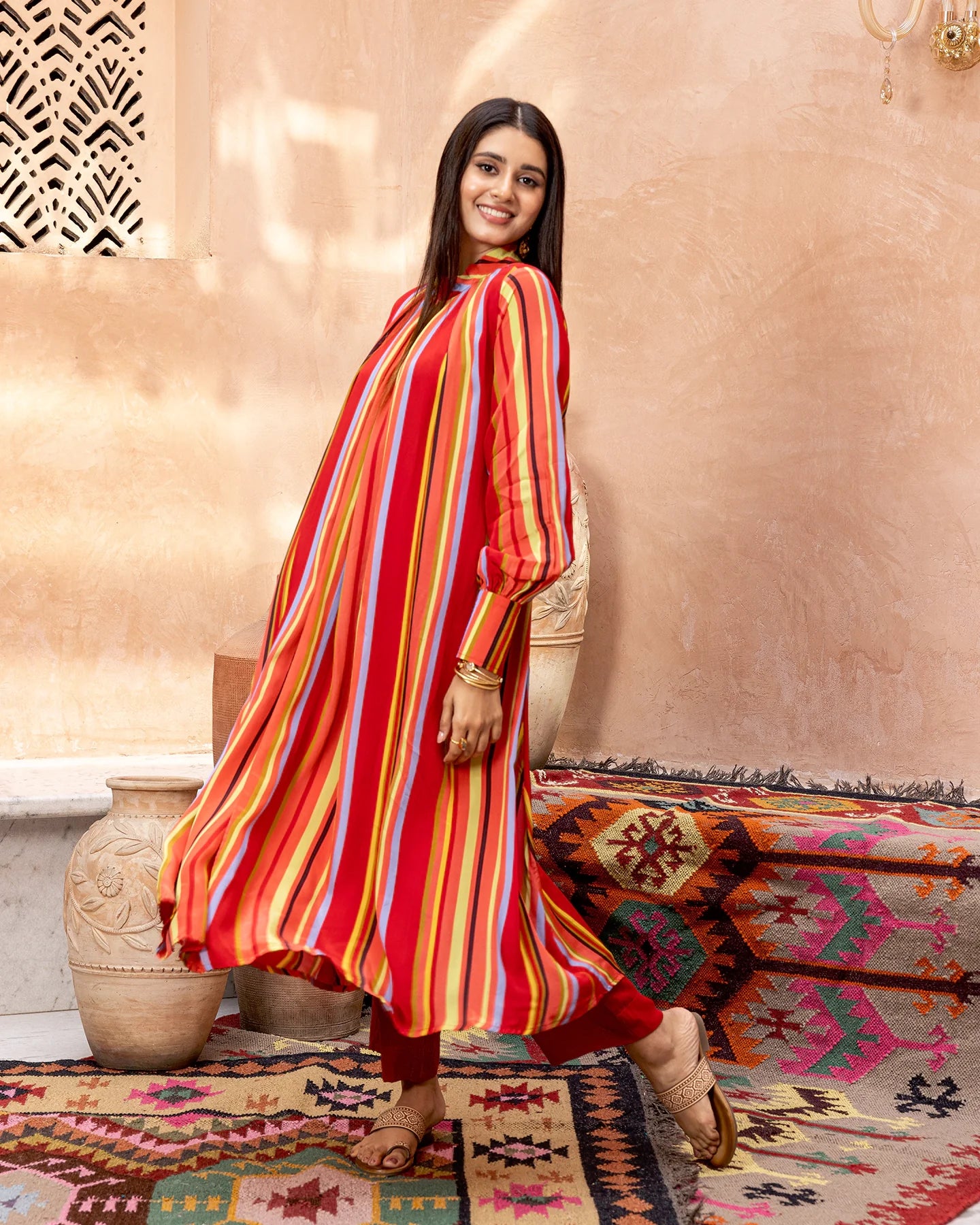 Red Striped Kurta Set