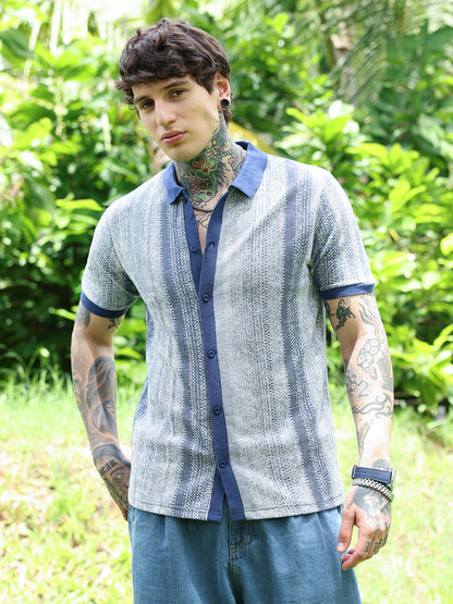 Textured Cotton Blend Cuban Collar Shirt With Vertical Stripes