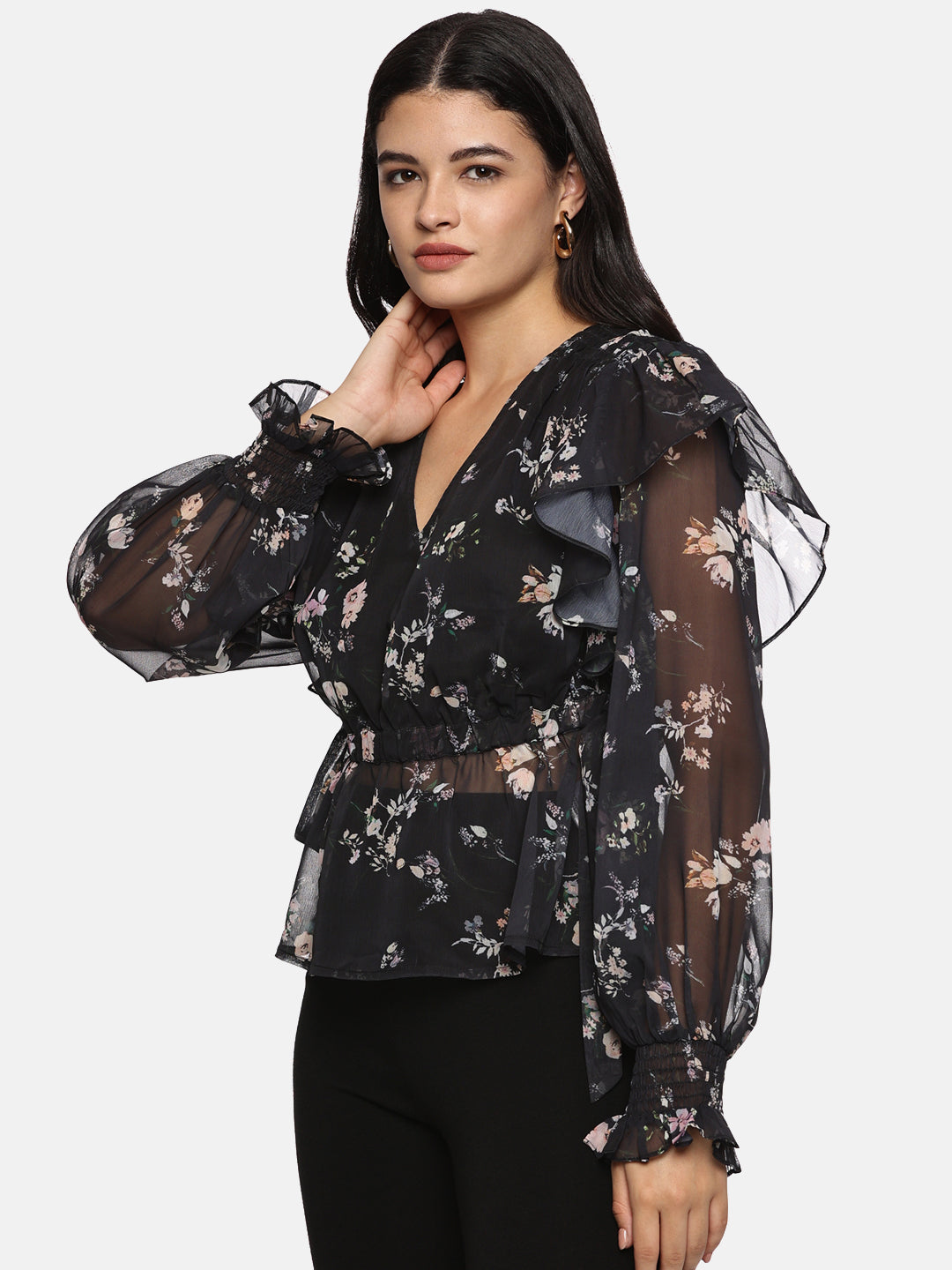 IS.U Floral Black V-Neck Smocked Sleeve Top