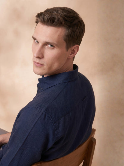 Regular Fit Navy Blue Linen Solid Casual Shirt for Men (LIBRA)