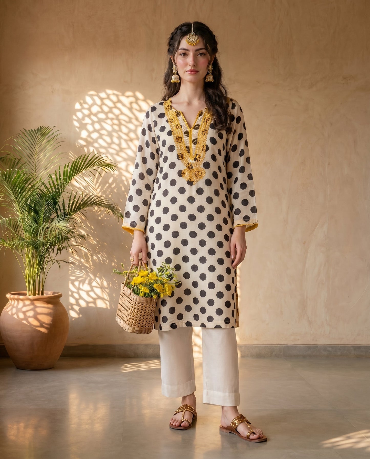 Off-White Polka Embroidered Kurta Set
