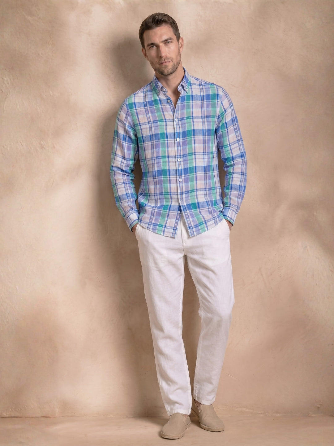 Regular Fit Blue Linen Checked Casual Shirt for Men (LITVA)
